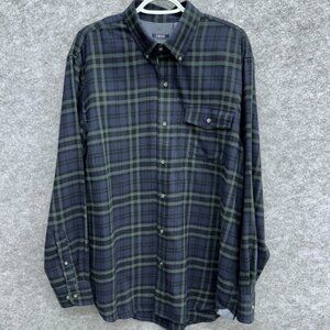 IZOD Men's Button Down Flannel Shirt Large Cotton Blend Blue Green Plaid Preppy